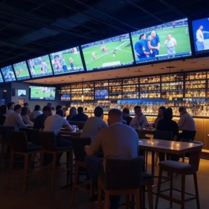 Nowoczesne wnętrze GentlemenBarClub z dużymi ekranami i podświetlonym barem.