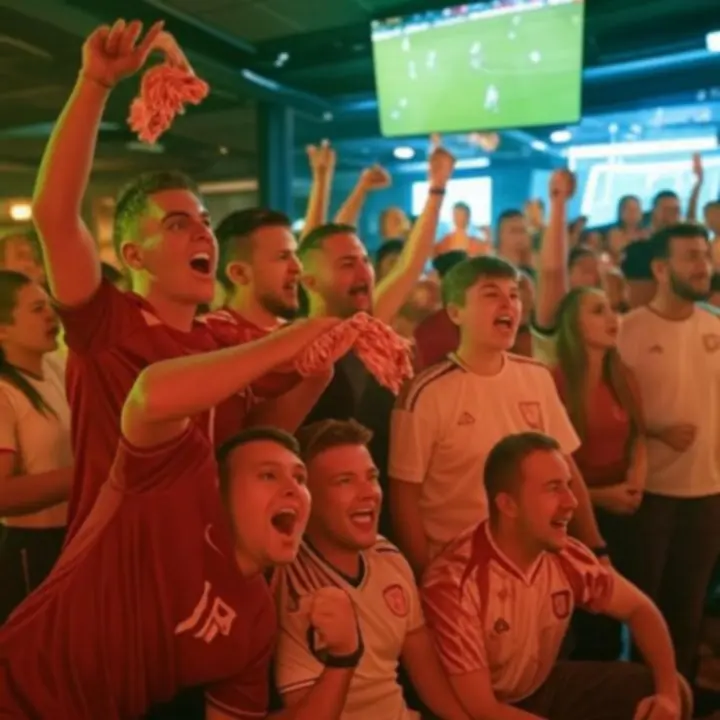 Kibice oglądający transmisję meczu na dużym ekranie w GentlemenBarClub