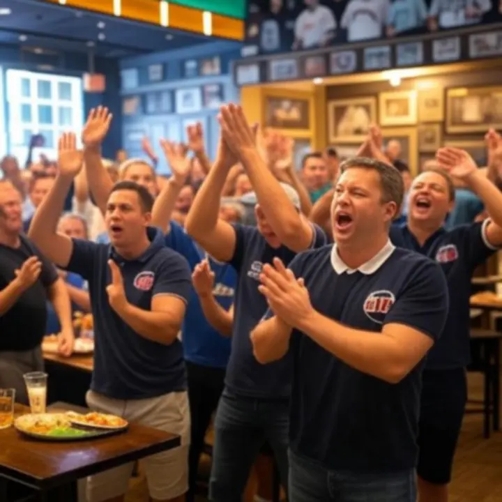 Zdjęcia z imprez sportowych w GentlemenBarClub: kibice przy barze, wspólne świętowanie goli i energetyczne oświetlenie.