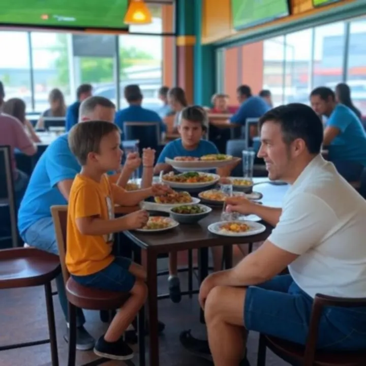 Rodzina z dziećmi siedząca przy stole w restauracji podczas oglądania meczu