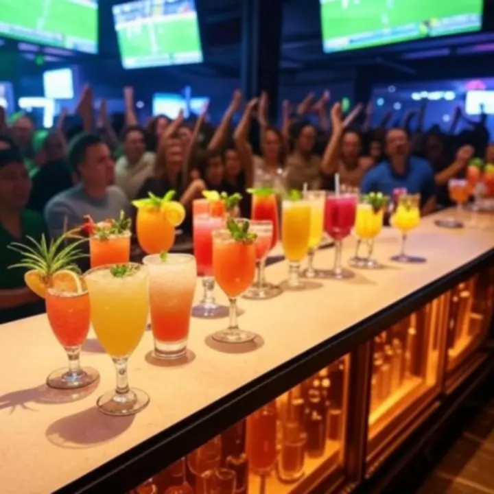 Flagowe drinki GentlemenBarClub ustawione na barze w sportowej atmosferze.