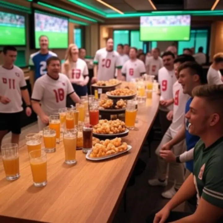 Stół w barze wypełniony przekąskami i drinkami, gotowy na imprezowy wieczór sportowy