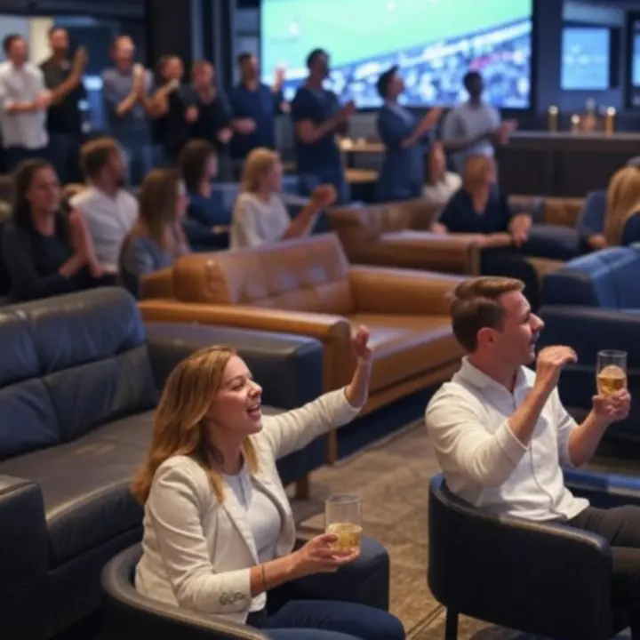 Strefa kibica premium z dużym telebimem i kibicami oglądającymi mecz