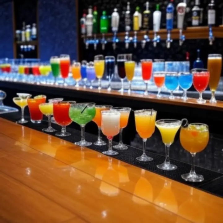 Kolorowe sygnowane koktajle ustawione na barze w GentlemenBarClub podczas wieczoru z transmisjami sportowymi.