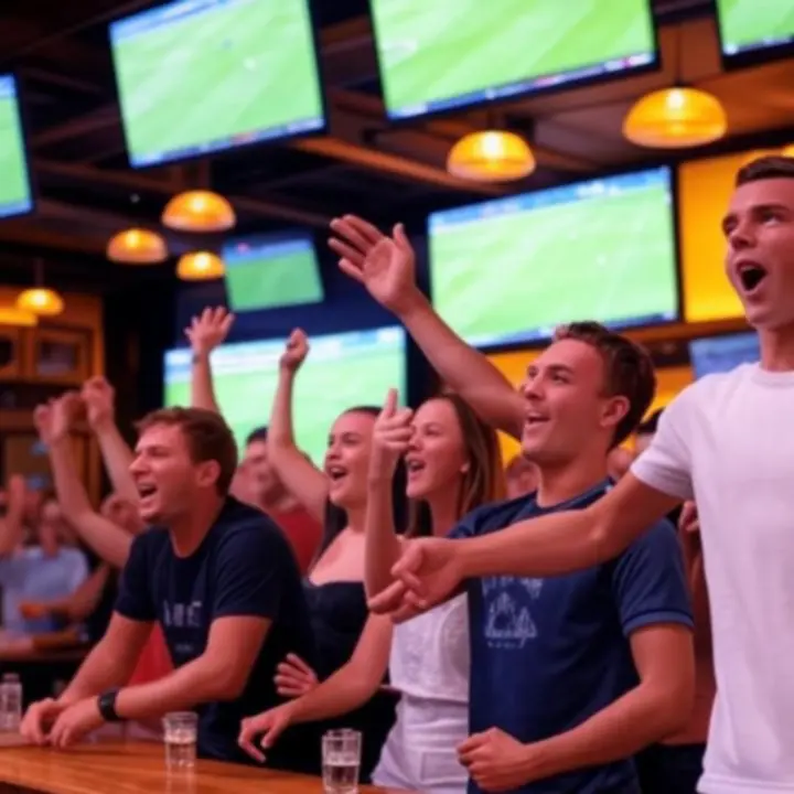 Kibice w GentlemenBarClub oglądający mecz na dużym ekranie w energetycznej atmosferze.
