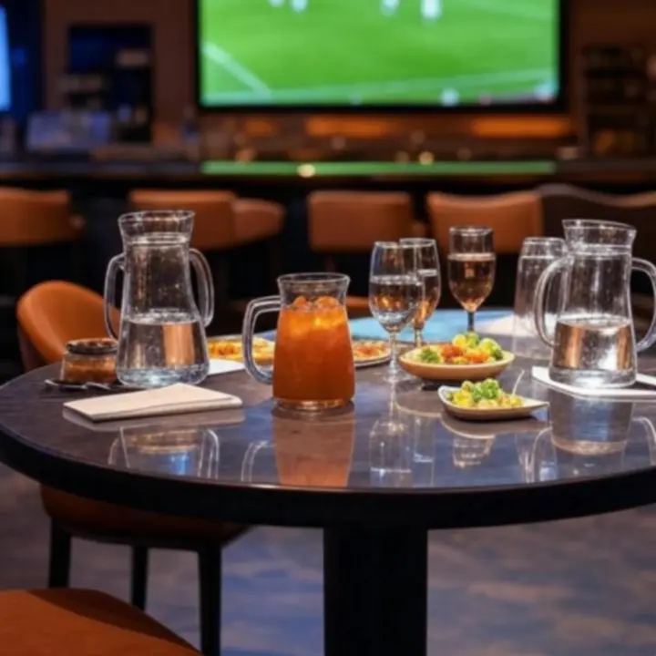 Stolik w GentlemenBarClub z widokiem na duży ekran pokazujący mecz