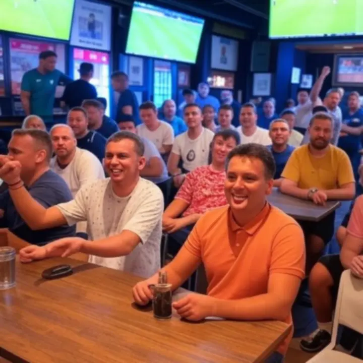 Grupa kibiców świętująca bramkę podczas transmisji meczu w GentlemenBarClub.